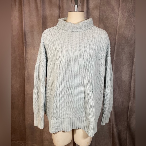 Aerie Light Blue Oversized Cowl Neck Chunky Knit Sweater- Size Small - Picture 1 of 10